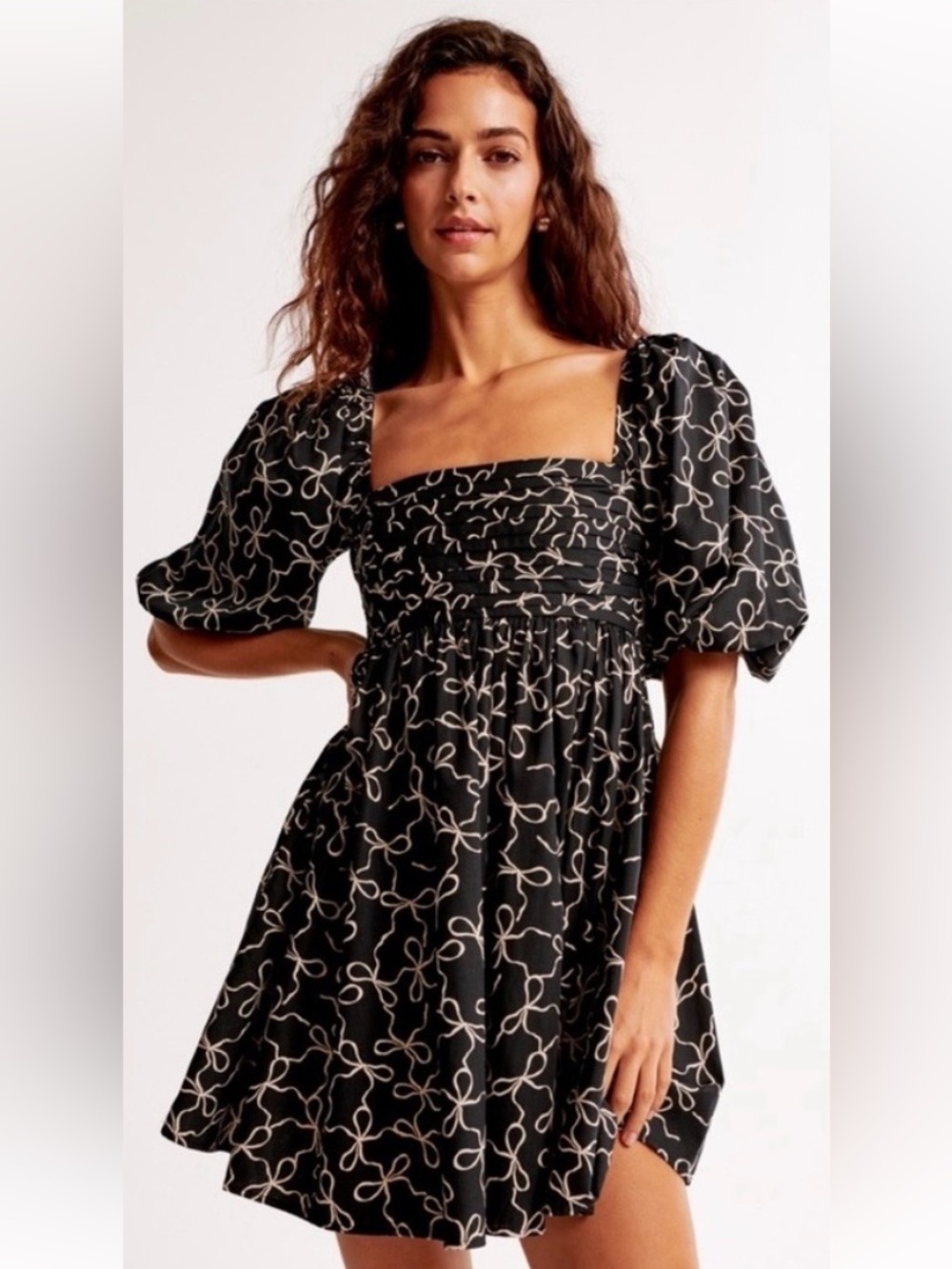 A& F Emerson Poplin Puff Sleeve Mini Dress with Square Neckline & Cream Bows